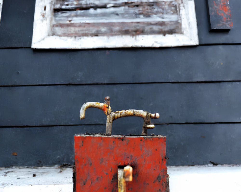 Rusty vintage water tap on red block against weathered white window frame
