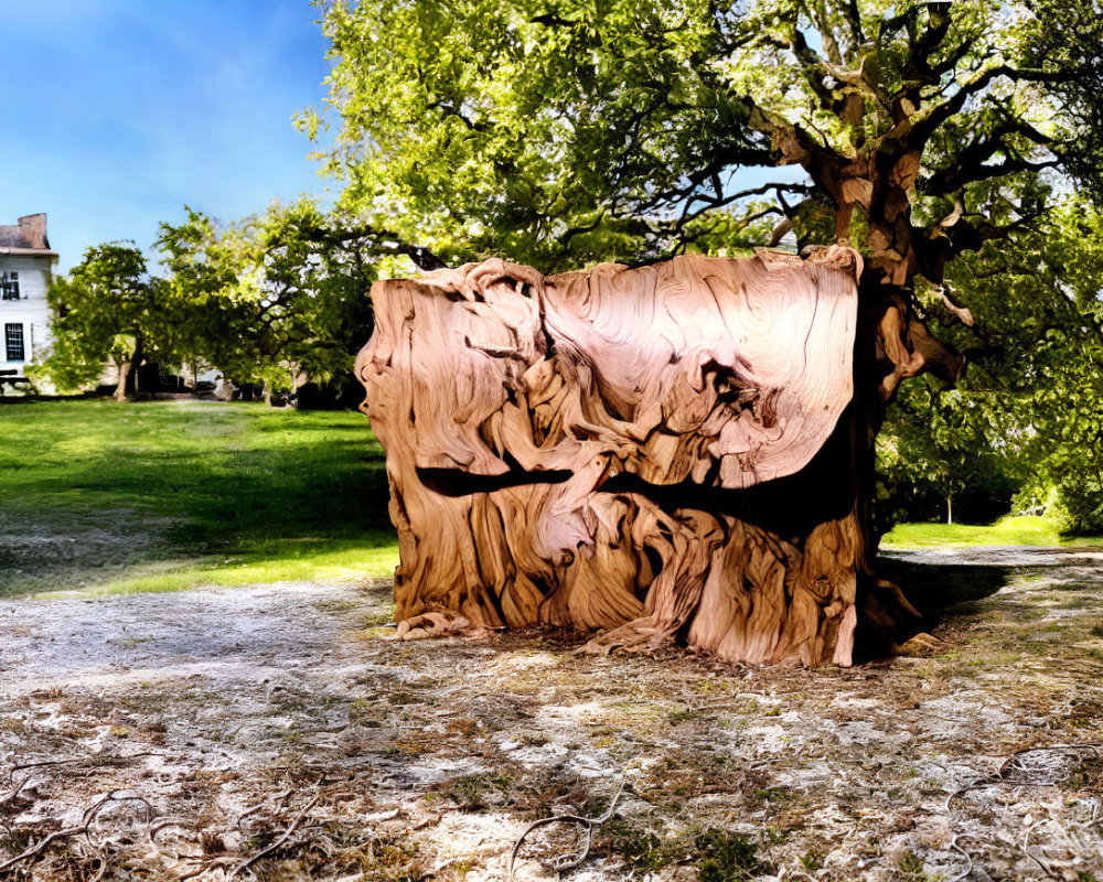 Intricately Carved Wooden Tree Sculpture in Sunny Park