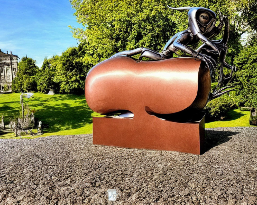Bronze insect sculpture on abstract form in sunny park