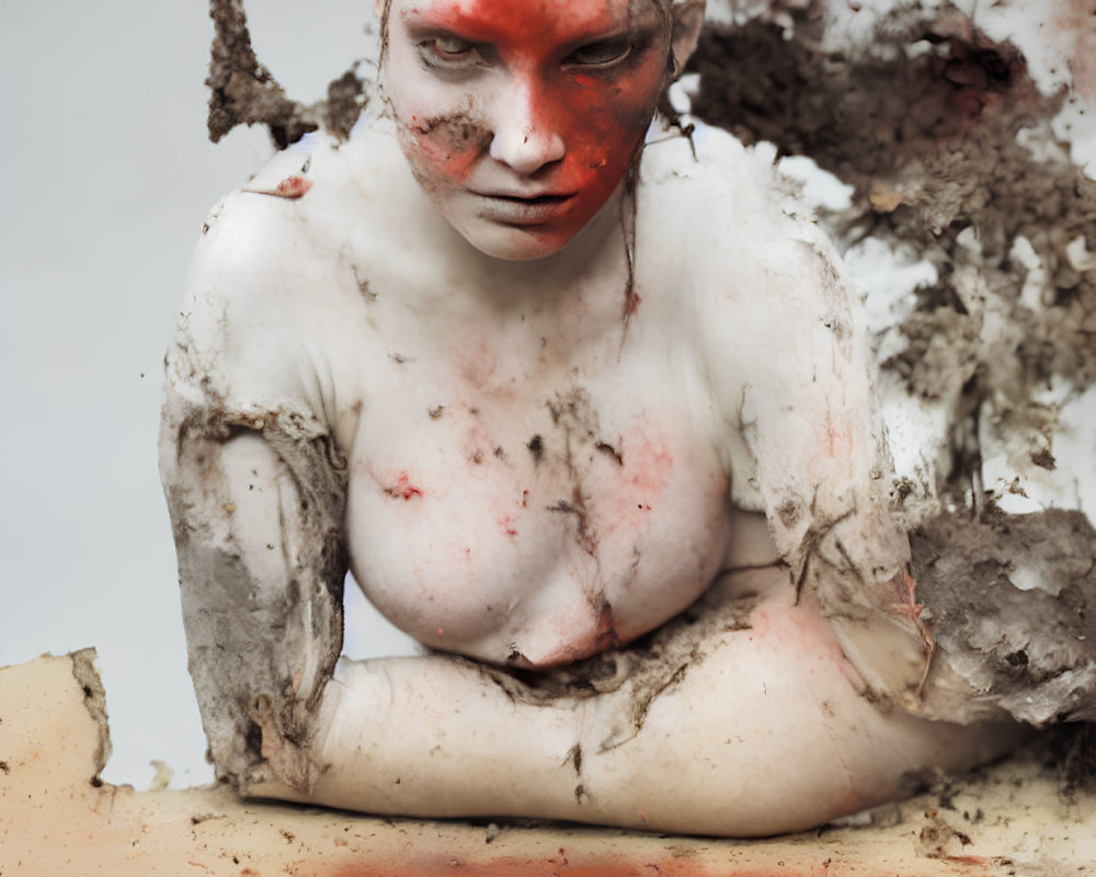 Person in white body paint with red accents emerging from muddy surface