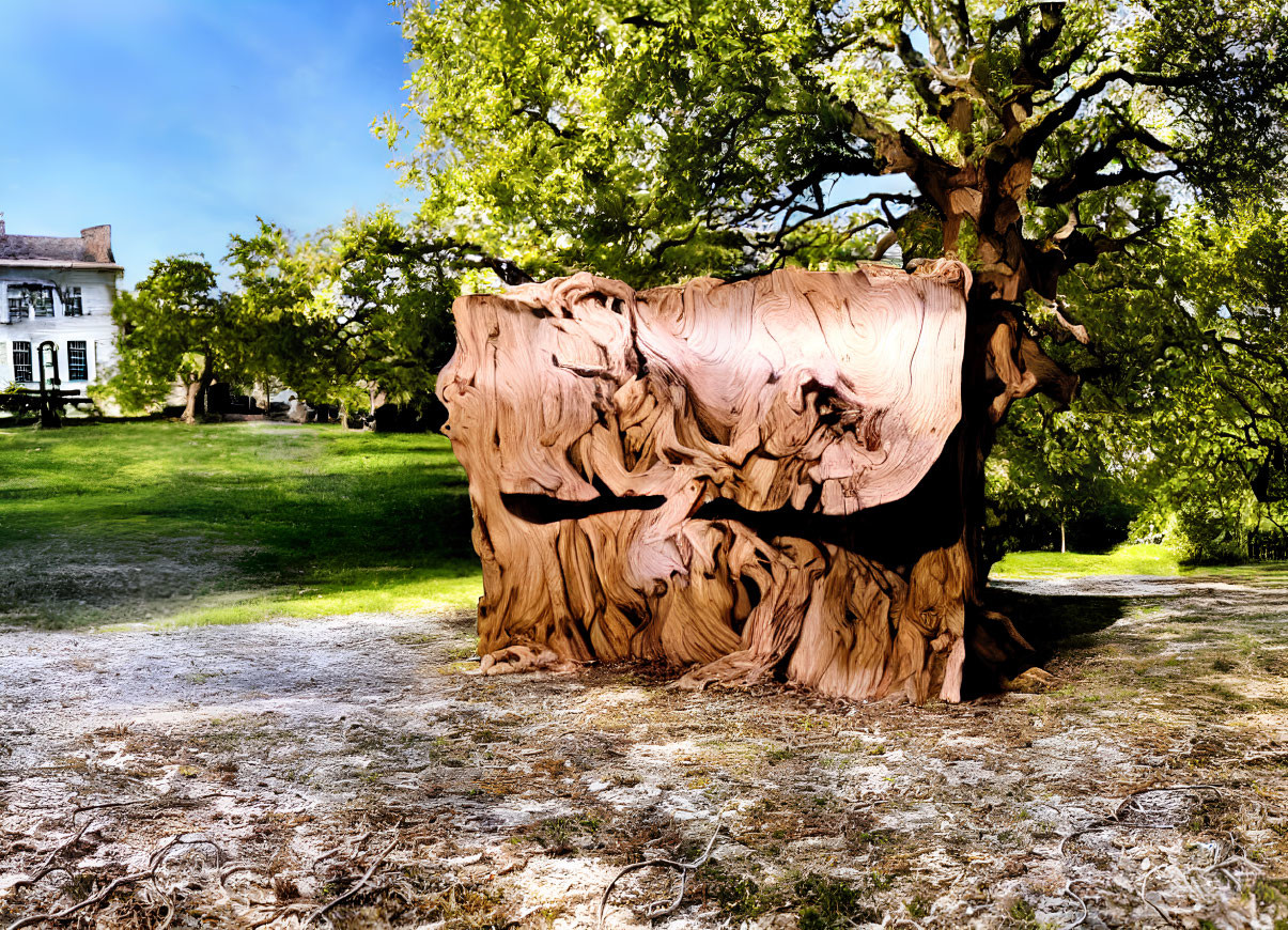 Intricately Carved Wooden Tree Sculpture in Sunny Park