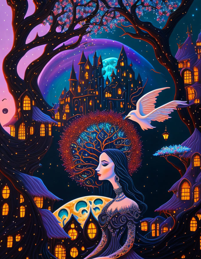 Illustration of woman with tattoos holding crescent moon in mystical scene