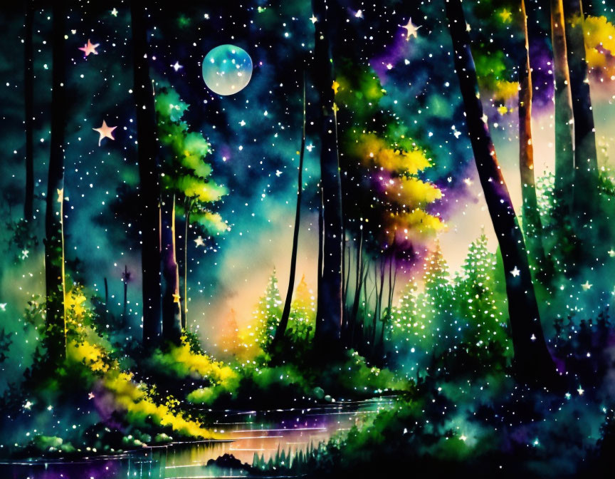 Mystical forest watercolor painting: vibrant night scene