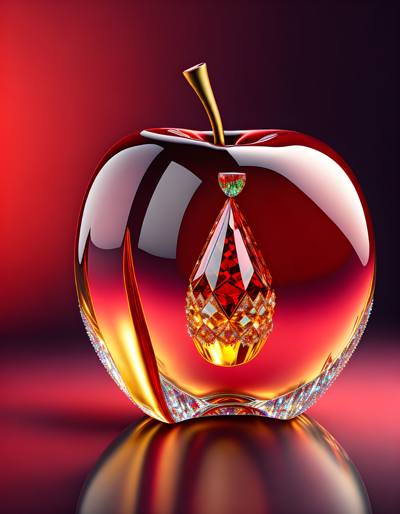 Shiny 3D Crystal Apple with Ruby-Like Core on Reflective Surface