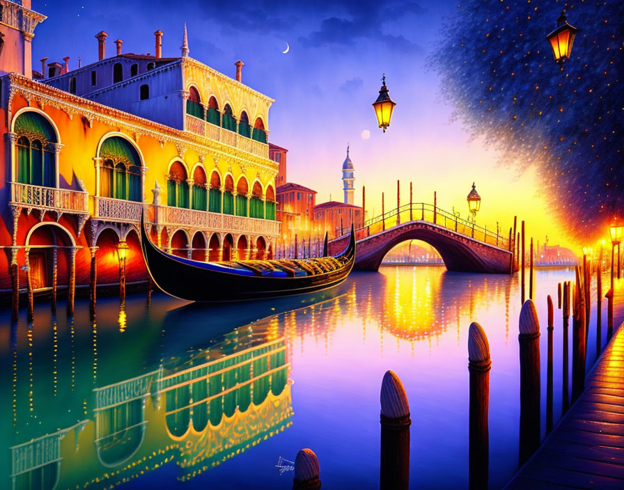 Twilight painting of Venice with gondola, bridge, colorful buildings, starry sky