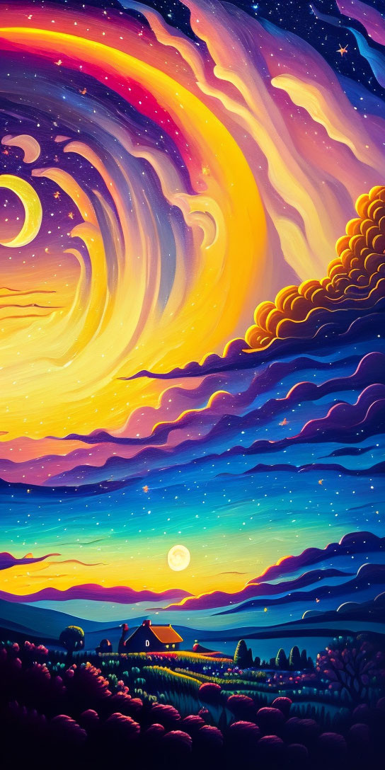 Colorful whimsical night sky with swirling clouds and stars over serene landscape.