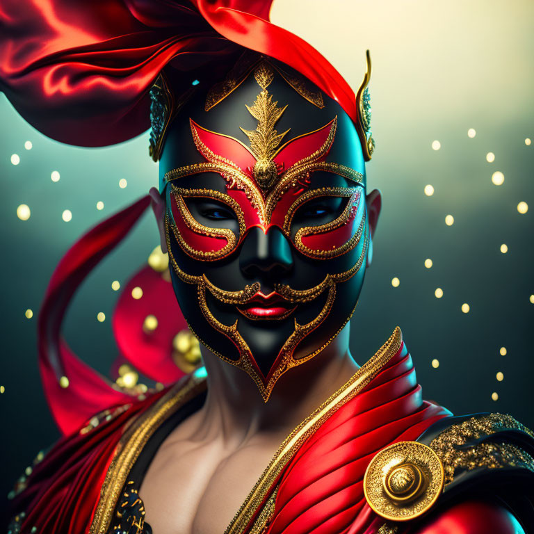 Ornate Red and Gold Masked Person in Festive Costume