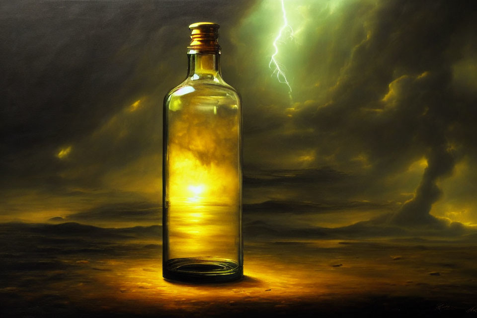 Translucent glass bottle glowing against stormy backdrop