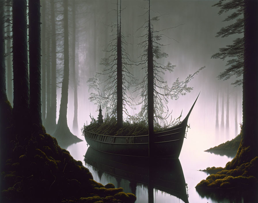 Abandoned boat in foggy, moss-covered forest
