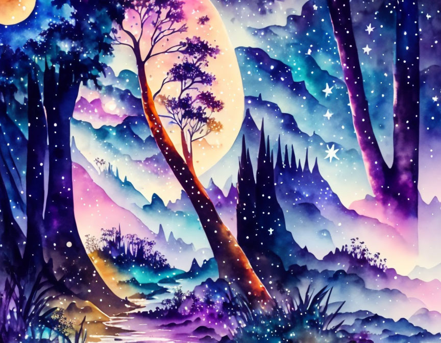 Mystical forest watercolor with moonlit night sky