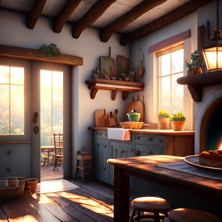 Rustic kitchen with wooden table, cabinets, and oven in warm sunlight