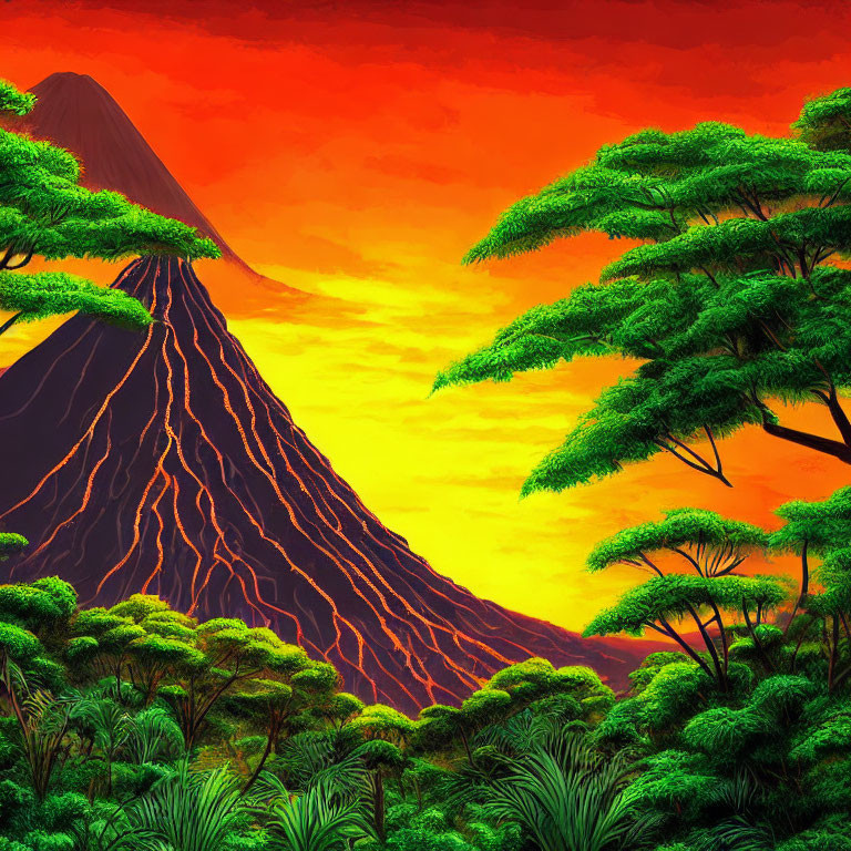 Colorful volcanic landscape with flowing lava and lush greenery under orange sky