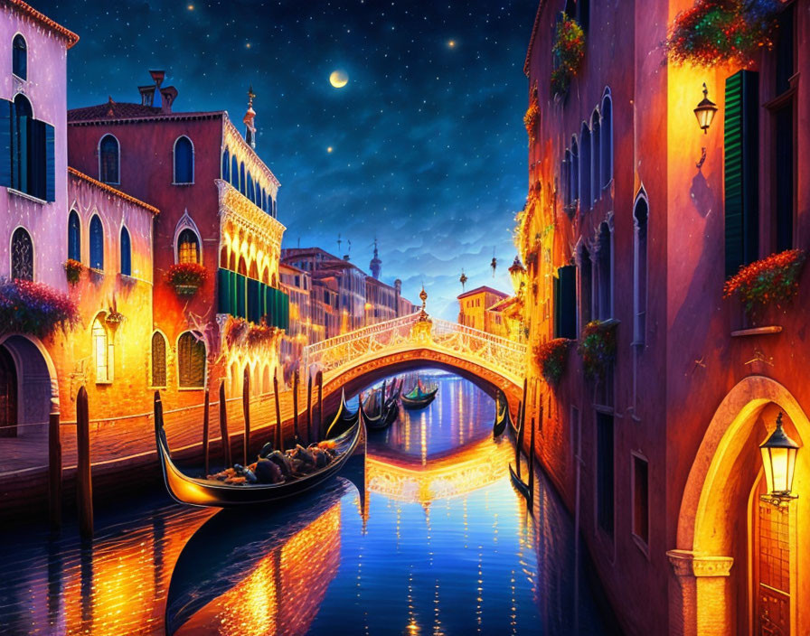 Night scene of vibrant Venetian canal with gondolas, illuminated buildings, starry sky,