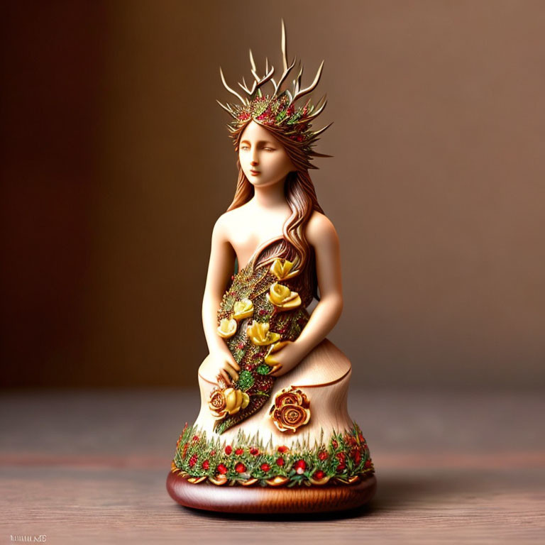 Woman Figurine with Branch Crown and Floral Dress on Soft-focus Background