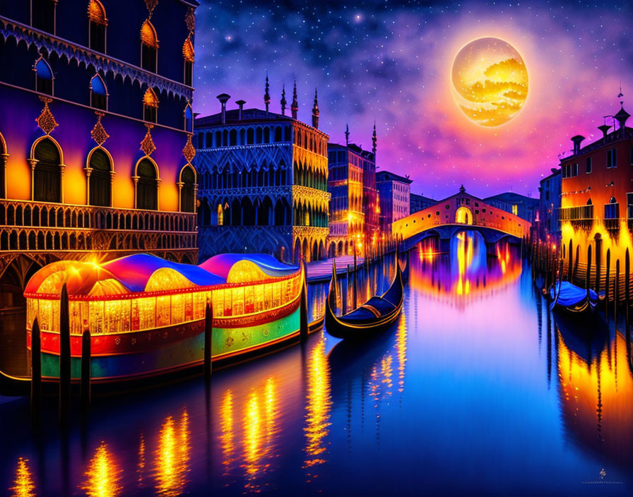 Colorful Venice Night Artwork: Moonlit Buildings & Gondolas Amid Desert Backdrop