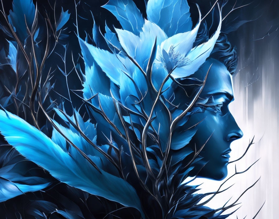 Profile view artistic depiction merged with blue feather-like leaves on dark textured background