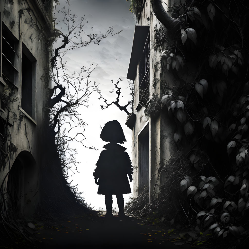 Silhouette of Child in Narrow Alley with Dilapidated Buildings