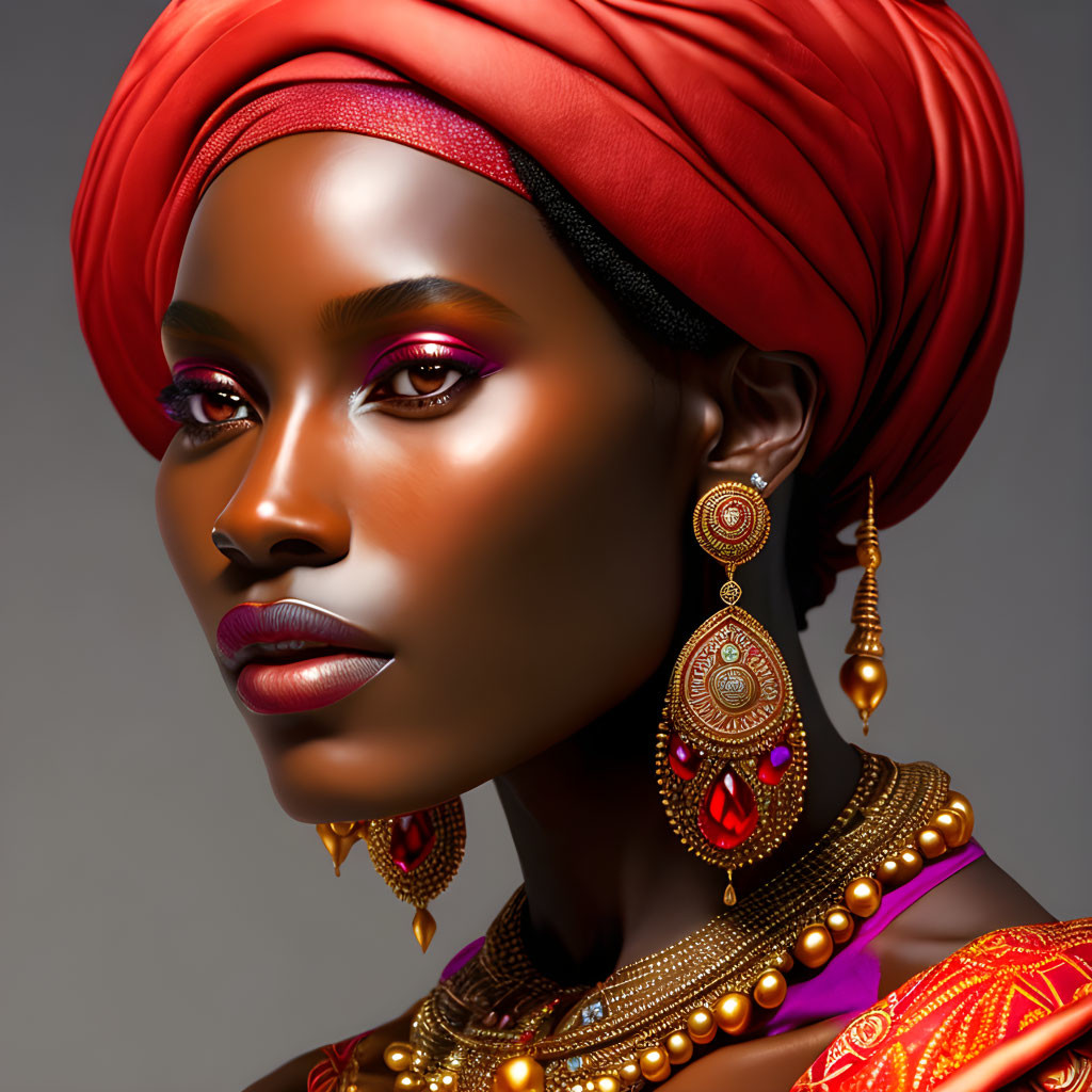 Portrait of woman with red headwrap, pink eyeshadow, ornate earrings, and beaded