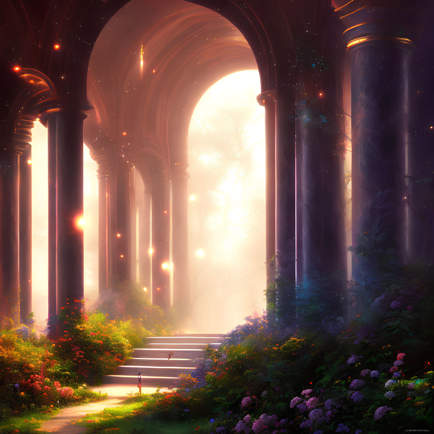 Enchanting forest with towering columns and ethereal lights