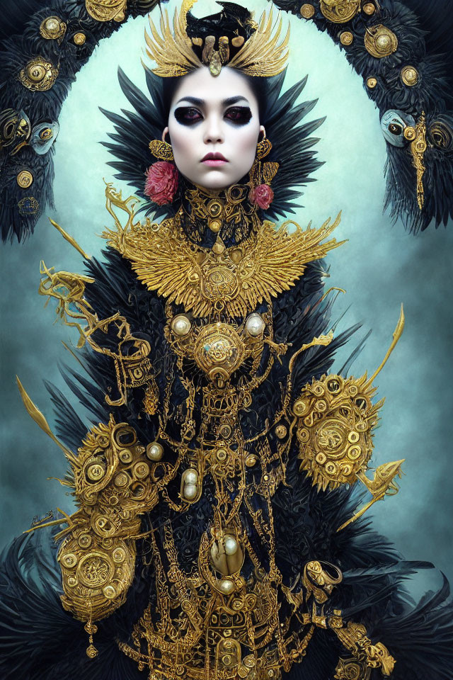 Fantasy queen in gold attire with feathered collar on blue background