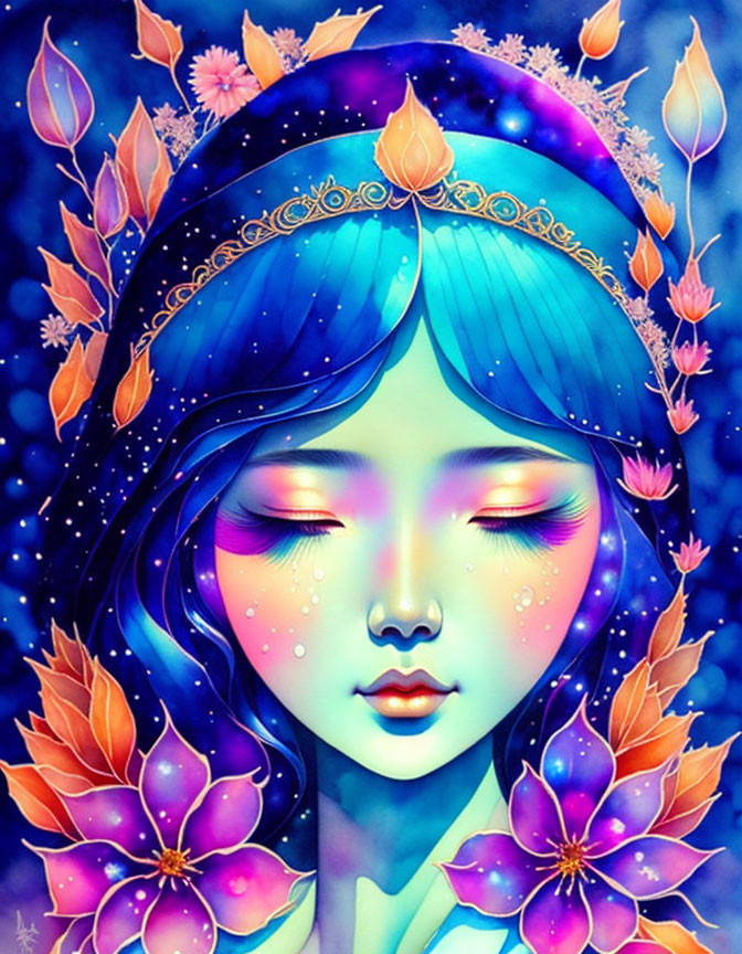 Serene female figure with celestial headpiece in vibrant illustration