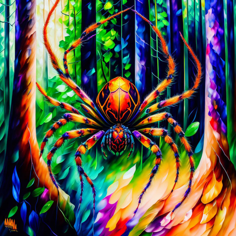Colorful Spider Artwork in Psychedelic Forest