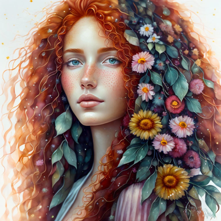 Vibrant digital painting of woman with red curly hair and floral elements.