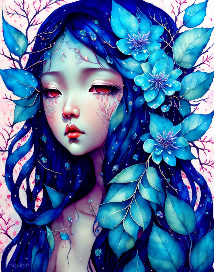 Ethereal female portrait with blue flowers, leaves, dew drops, serene expression