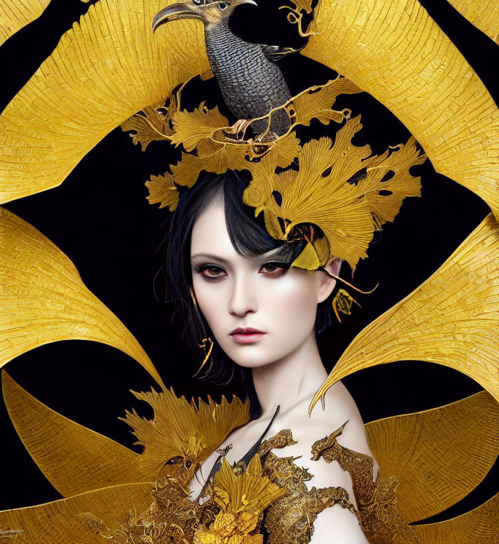 Portrait of a Person with Dark Hair and Golden Bird Headdress
