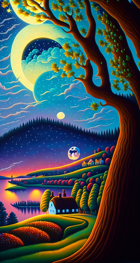 Colorful Nighttime Landscape Painting with Tree and Rolling Hills