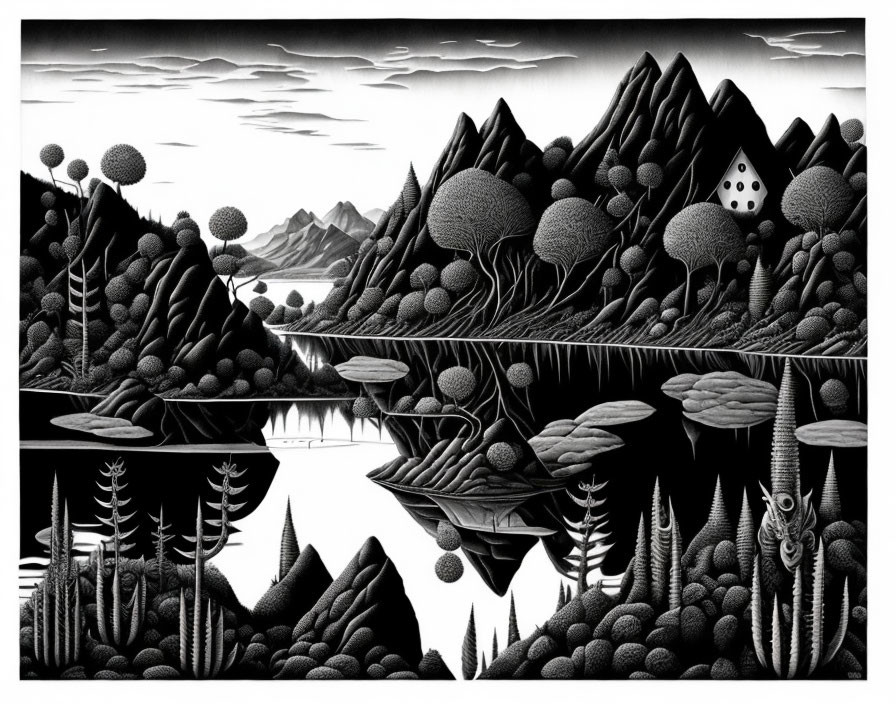 Monochromatic landscape illustration with stylized mountains, trees, foliage, clouds, dice, and water
