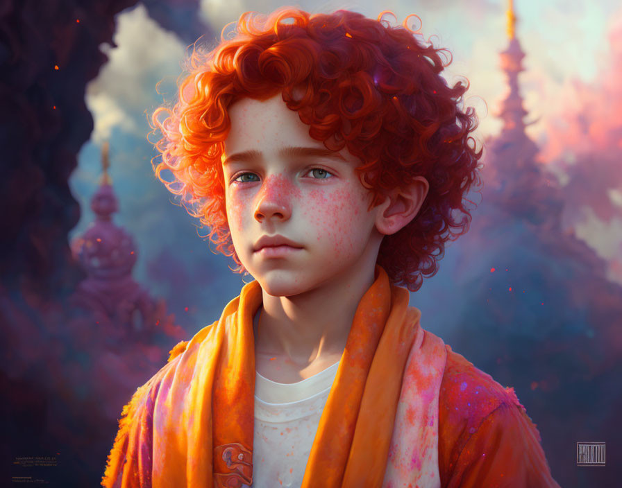 Young person with curly red hair and freckles in orange scarf against colorful, fantastical background