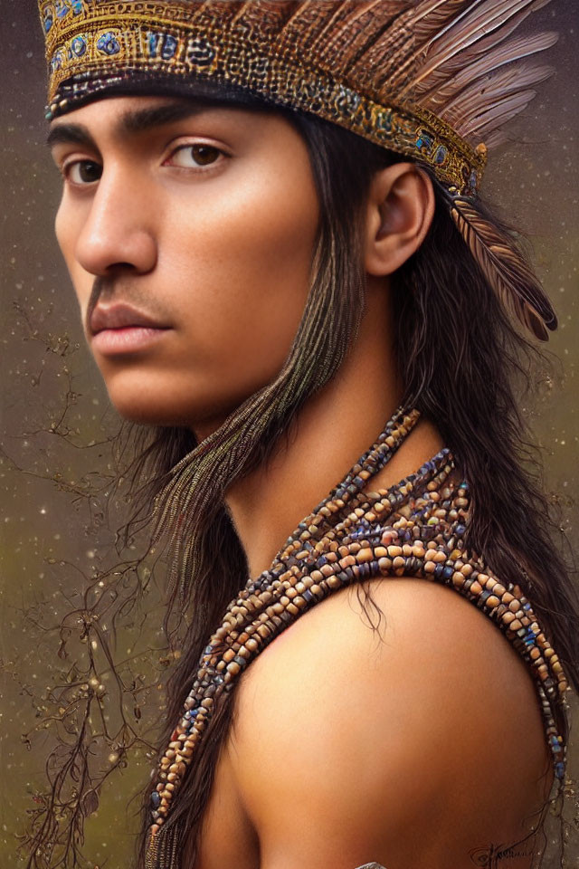 Traditional portrait featuring feathered headgear, beaded necklace, and contemplative expression