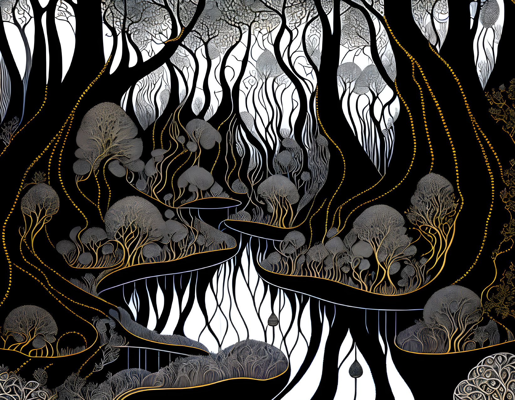 Detailed Black and White Forest Illustration with Gold Accents
