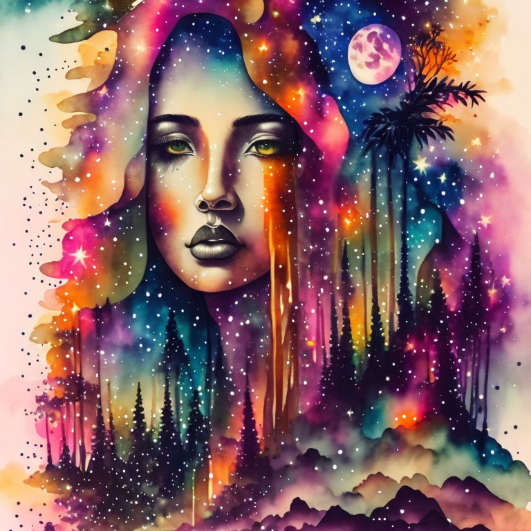 Colorful Watercolor Illustration of Woman's Face Blending into Cosmic Landscape