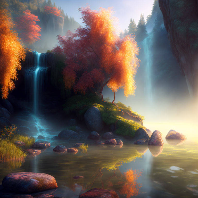 Tranquil autumn landscape with waterfall and misty atmosphere