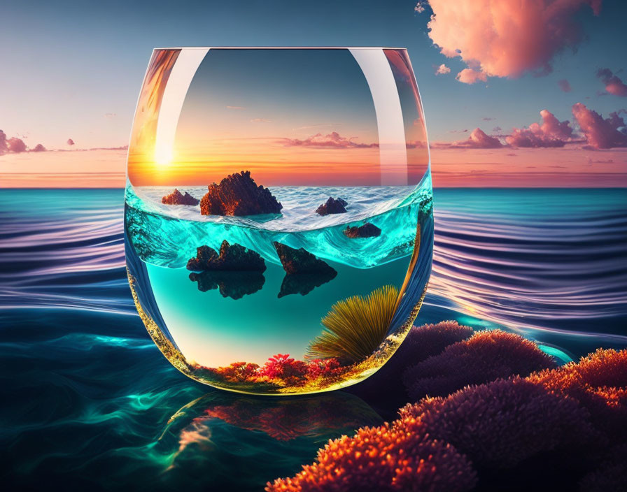 Digital Artwork: Wine Glass with Ocean Ecosystem in Sunset Sky
