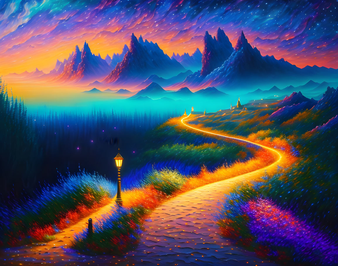 Colorful Fantasy Landscape with Glowing Path, Lamppost, and Majestic Mountains