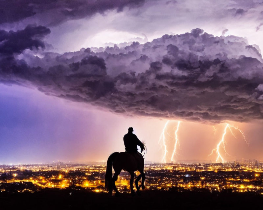 Silhouette of horse and rider against dramatic sky with cityscape and lightning.