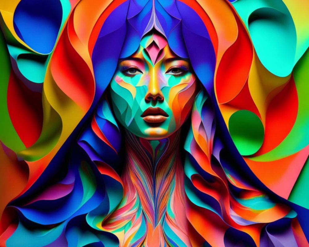 Colorful digital artwork of woman's face with flowing patterns in dynamic, surreal style