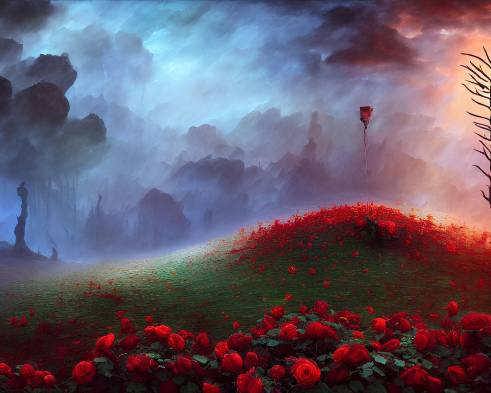 Mystical landscape with red roses, barren tree, and misty forest