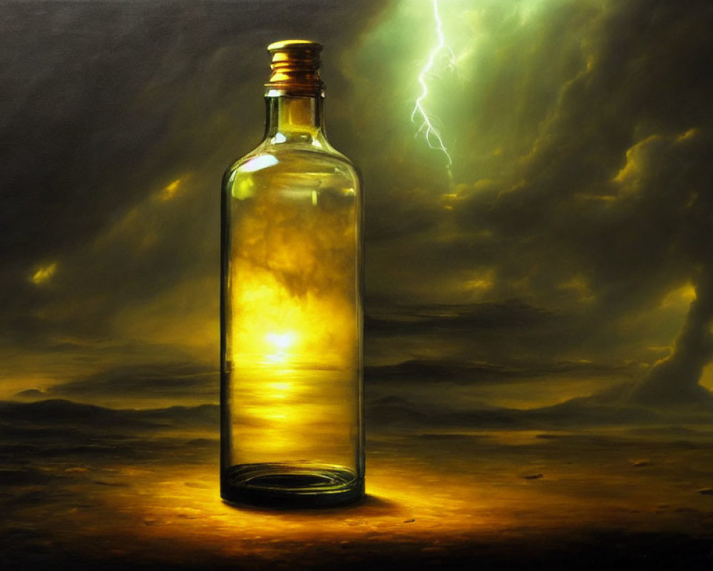 Translucent glass bottle glowing against stormy backdrop