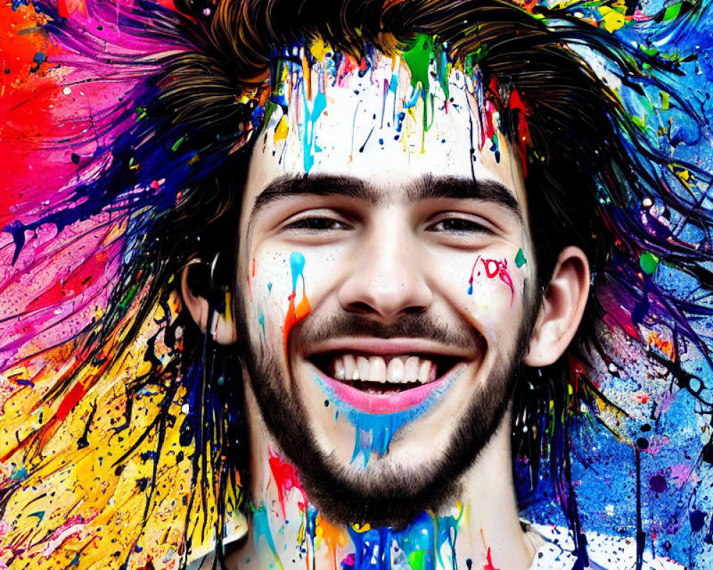 Bearded man covered in colorful paint on vibrant backdrop