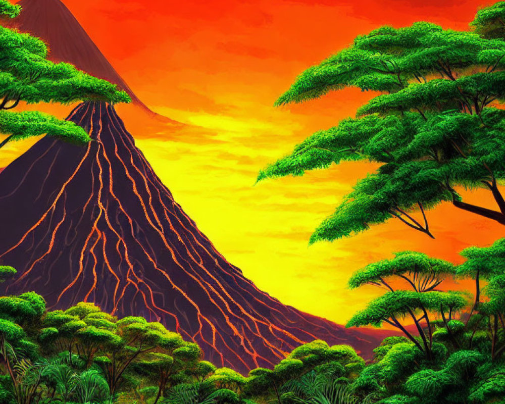 Colorful volcanic landscape with flowing lava and lush greenery under orange sky