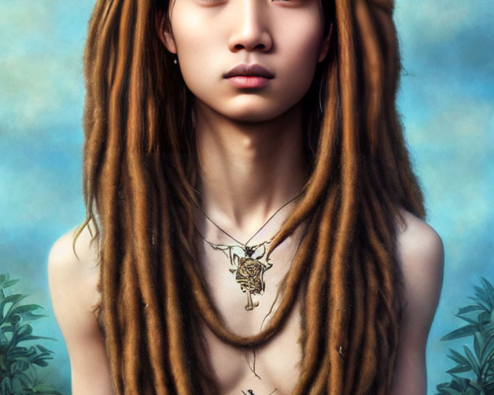 Person with Long Dreadlocks and Horned Pendant Necklace in Blue Foliage Setting