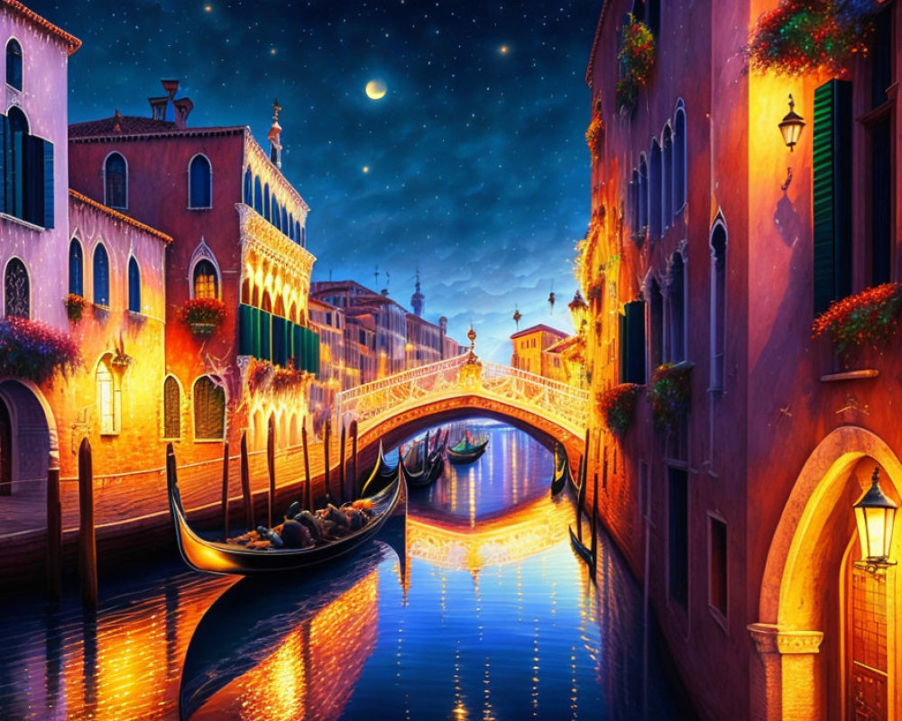 Night scene of vibrant Venetian canal with gondolas, illuminated buildings, starry sky,