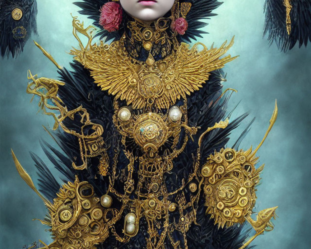 Fantasy queen in gold attire with feathered collar on blue background