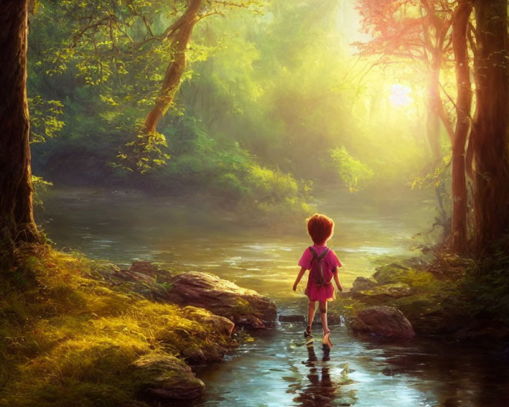 Child with backpack standing on stepping stones in serene forest creek