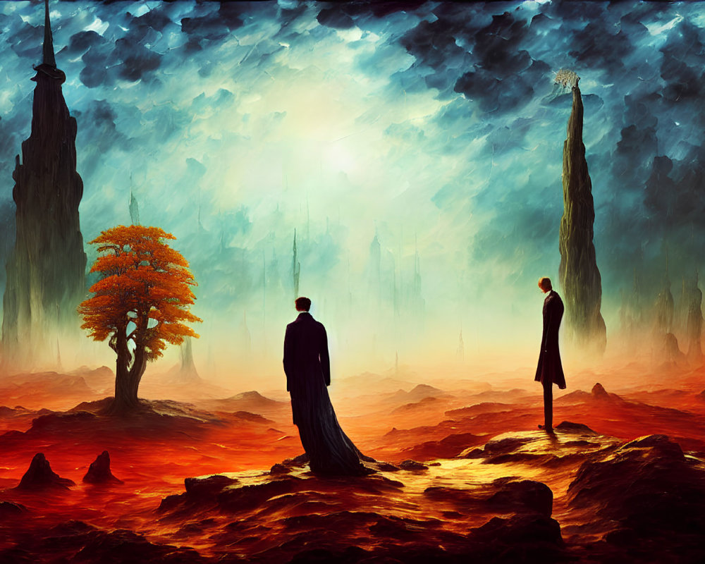 Surreal fiery landscape with silhouetted figures and lone tree