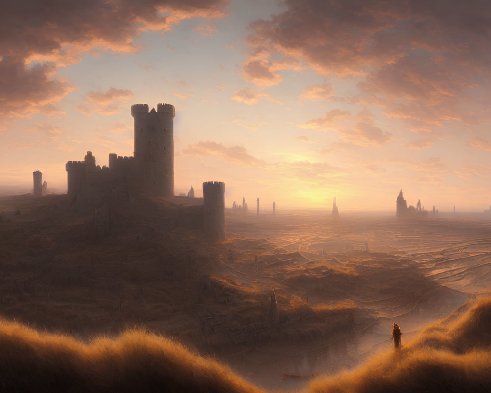 Figure standing before vast landscape with castle ruins at sunrise